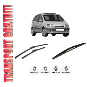 Set 3 stergatoare RENAULT SCENIC I MPV (JA0/1_, FA0_) din 1999-2003, pentru parbriz si luneta fata si spate auto, Bosch Twin-Aerotwin Retrofit, din cauciuc siliconat rezistent, 4 Stickere Auto RENAULT