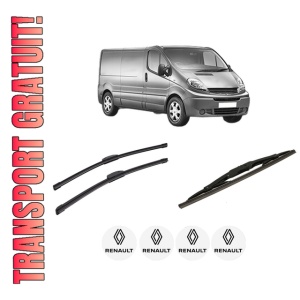 Set 3 stergatoare RENAULT TRAFIC II Van (FL) din 2001-2007, pentru parbriz si luneta fata si spate auto, Bosch Twin-Aerotwin Retrofit, din cauciuc siliconat rezistent, 4 Stickere Auto RENAULT