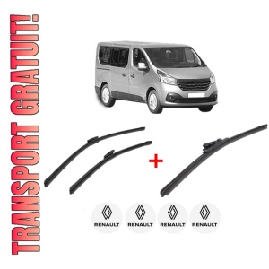 Set 3 stergatoare RENAULT TRAFIC III Bus (JG_) din 2014, pentru parbriz si luneta fata si spate auto, Bosch Aerotwin, din cauciuc siliconat rezistent, 4 Stickere Auto RENAULT