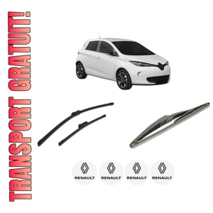 Set 3 stergatoare RENAULT ZOE Hatchback Van (BFM_) din 2019, pentru parbriz si luneta fata si spate auto, Bosch Twin-Aerotwin, din cauciuc siliconat rezistent, 4 Stickere Auto RENAULT