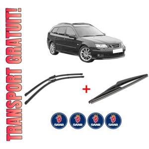 Set 3 stergatoare SAAB 9-3 Estate (E50) din 2005 - 2015, pentru parbriz si luneta fata si spate auto, Valeo Silencio, din cauciuc siliconat rezistent, 4 Stickere Auto SAAB