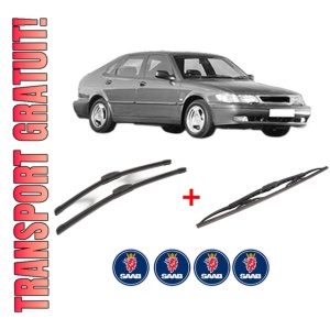 Set 3 stergatoare SAAB 9-3 (YS3D) din 1998 - 2002, pentru parbriz si luneta fata si spate auto, Bosch Twin, din cauciuc siliconat rezistent, 4 Stickere Auto SAAB