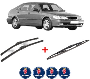 Set 3 stergatoare SAAB 9-3 (YS3D) din 1998 - 2002, pentru parbriz si luneta fata si spate auto, Bosch Twin, din cauciuc siliconat rezistent, 4 Stickere Auto SAAB v9233