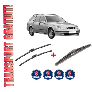 Set 3 stergatoare SAAB 9-5 Estate (YS3E) din 1998 - 2009, pentru parbriz si luneta fata si spate auto, Bosch Twin, din cauciuc siliconat rezistent, 4 Stickere Auto SAAB