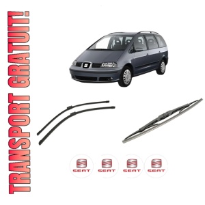 Set 3 stergatoare SEAT ALHAMBRA VAN (7V8, 7V9) din 1996-2010, pentru parbriz si luneta fata si spate auto, Bosch Twin-Aerotwin, din cauciuc siliconat rezistent, 4 Stickere Auto SEAT