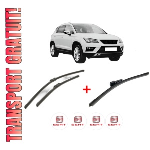 Set 3 stergatoare SEAT ATECA (KH7, KHP) din 2016, pentru parbriz si luneta fata si spate auto, Bosch Aerotwin, din cauciuc siliconat rezistent, 4 Stickere Auto SEAT