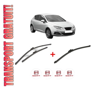 Set 3 stergatoare SEAT IBIZA IV (6J5, 6P1) din 2008 - 2017, pentru parbriz si luneta fata si spate auto, Valeo Silencio Xtrm, din cauciuc siliconat rezistent, 4 Stickere Auto SEAT
