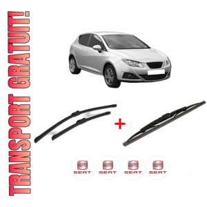 Set 3 stergatoare SEAT IBIZA IV (6J5, 6P1) din 2008 - 2017, pentru parbriz si luneta fata si spate auto, Bosch Twin, din cauciuc siliconat rezistent, 4 Stickere Auto SEAT