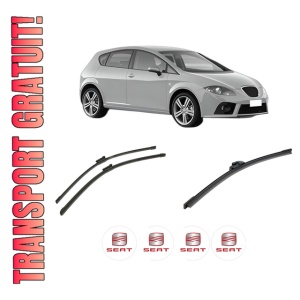 Set 3 stergatoare SEAT LEON (1P1) din 2005-2013, pentru parbriz si luneta fata si spate auto, Bosch Aerotwin-Aerotwin, din cauciuc siliconat rezistent, 4 Stickere Auto SEAT