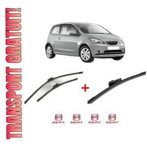Set 3 stergatoare SEAT Mii (KF1, KE1) din 2011 - 2019, pentru parbriz si luneta fata si spate auto, Bosch Aerotwin, din cauciuc siliconat rezistent, 4 Stickere Auto SEAT