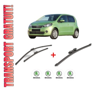 Set 3 stergatoare SKODA CITIGO (NF1) din 2011 - 2019, pentru parbriz si luneta fata si spate auto, Valeo Silencio Xtrm, din cauciuc siliconat rezistent, 4 Stickere Auto SKODA