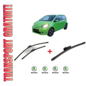 Set 3 stergatoare SKODA E-CITIGO (NE1) din 2019 - 2021, pentru parbriz si luneta fata si spate auto, Bosch Aerotwin, din cauciuc siliconat rezistent, 4 Stickere Auto SKODA