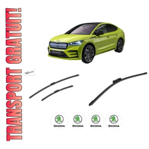Set 3 stergatoare SKODA ENYAQ iV Coupe (5AC) din 2021-2025, pentru parbriz si luneta fata si spate auto, Bosch Aerotwin-Aerotwin, din cauciuc siliconat rezistent, 4 Stickere Auto SKODA