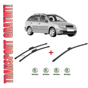 Set 3 stergatoare SKODA FABIA I Combi (6Y5) din 2000 - 2007, pentru parbriz si luneta fata si spate auto, Bosch Aerotwin, din cauciuc siliconat rezistent, 4 Stickere Auto SKODA