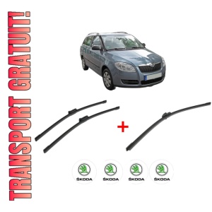 Set 3 stergatoare SKODA FABIA II Combi (545) din 2007 - 2014, pentru parbriz si luneta fata si spate auto, Bosch Aerotwin, din cauciuc siliconat rezistent, 4 Stickere Auto SKODA