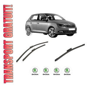 Set 3 stergatoare SKODA FABIA IV (PJ3) din 2021-2024, pentru parbriz si luneta fata si spate auto, Bosch Twin-Aerotwin, din cauciuc siliconat rezistent, 4 Stickere Auto SKODA