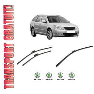 Set 3 stergatoare SKODA Octavia II Combi (1Z5) din 2004-2013, pentru parbriz si luneta fata si spate auto, Bosch Aerotwin-Aerotwin Multi, din cauciuc siliconat rezistent, 4 Stickere Auto SKODA
