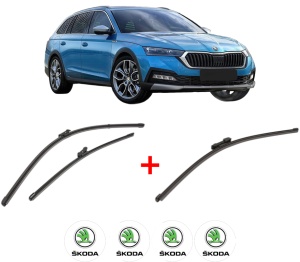 Set 3 stergatoare SKODA OCTAVIA IV (NX3, NN3, PV3) din 2020, pentru parbriz si luneta fata si spate auto, Valeo Silencio Xtrm, din cauciuc siliconat rezistent, 4 Stickere Auto SKODA v13072
