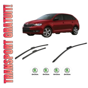 Set 3 stergatoare SKODA RAPID Spaceback (NH1) din 2012-2019, pentru parbriz si luneta fata si spate auto, Bosch Aerotwin-Aerotwin Retrofit, din cauciuc siliconat rezistent, 4 Stickere Auto SKODA
