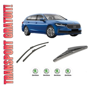 Set 3 stergatoare SKODA SUPERB IV (NZ3) din 2023-2025, pentru parbriz si luneta fata si spate auto, Bosch Twin-Aerotwin, din cauciuc siliconat rezistent, 4 Stickere Auto SKODA