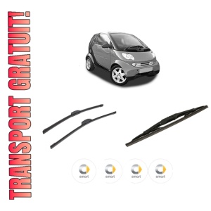 Set 3 stergatoare SMART CITY-COUPE (450) din 1998-2004, pentru parbriz si luneta fata si spate auto, Bosch Twin-Aerotwin Retrofit, din cauciuc siliconat rezistent, 4 Stickere Auto SMART