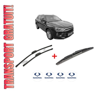 Set 3 stergatoare SSANGYONG KORANDO (C300) din 2021, pentru parbriz si luneta fata si spate auto, Bosch Twin, din cauciuc siliconat rezistent, 4 Stickere Auto SSANGYONG