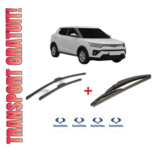 Set 3 stergatoare SSANGYONG Tivoli GRAND din 2021, pentru parbriz si luneta fata si spate auto, Bosch Twin, din cauciuc siliconat rezistent, 4 Stickere Auto SSANGYONG