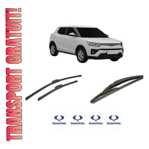 Set 3 stergatoare SSANGYONG Tivoli GRAND din 2021, pentru parbriz si luneta fata si spate auto, Bosch Twin-Aerotwin Retrofit, din cauciuc siliconat rezistent, 4 Stickere Auto SSANGYONG