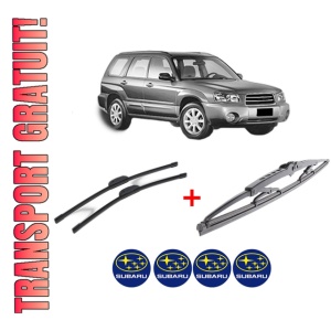 Set 3 stergatoare SUBARU FORESTER (SG_) din 2002 - 2008, pentru parbriz si luneta fata si spate auto, Bosch Twin, din cauciuc siliconat rezistent, 4 Stickere Auto SUBARU