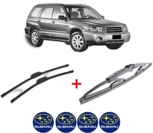 Set 3 stergatoare SUBARU FORESTER (SG_) din 2002 - 2008, pentru parbriz si luneta fata si spate auto, Bosch Twin, din cauciuc siliconat rezistent, 4 Stickere Auto SUBARU v11627
