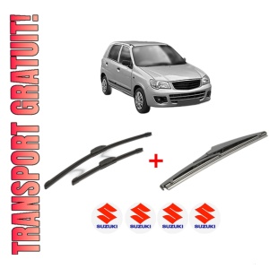 Set 3 stergatoare SUZUKI ALTO K10 din 2012 - 2015, pentru parbriz si luneta fata si spate auto, Bosch Twin, din cauciuc siliconat rezistent, 4 Stickere Auto SUZUKI