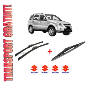 Set 3 stergatoare SUZUKI IGNIS II (MH) din 2003, pentru parbriz si luneta fata si spate auto, Bosch Twin, din cauciuc siliconat rezistent, 4 Stickere Auto SUZUKI