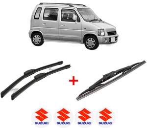 Set 3 stergatoare SUZUKI WAGON R+ Hatchback (EM) din 1998 - 2000, pentru parbriz si luneta fata si spate auto, Bosch Twin, din cauciuc siliconat rezistent, 4 Stickere Auto SUZUKI v3768