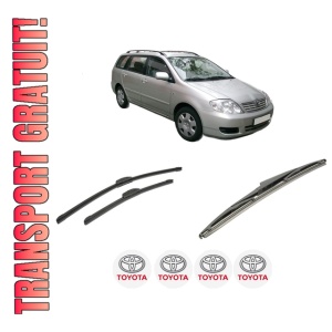 Set 3 stergatoare TOYOTA COROLLA Estate (_E12_) din 2002-2007, pentru parbriz si luneta fata si spate auto, Bosch Twin-Aerotwin Retrofit, din cauciuc siliconat rezistent, 4 Stickere Auto TOYOTA