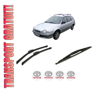 Set 3 stergatoare TOYOTA COROLLA Estate Van (_E11_) din 2000-2001, pentru parbriz si luneta fata si spate auto, Bosch Twin-Aerotwin Retrofit, din cauciuc siliconat rezistent, 4 Stickere Auto TOYOTA
