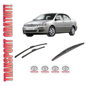 Set 3 stergatoare TOYOTA COROLLA Saloon (_E12_) din 2001-2008, pentru parbriz si luneta fata si spate auto, Bosch Twin-Aerotwin Retrofit, din cauciuc siliconat rezistent, 4 Stickere Auto TOYOTA