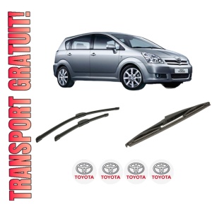 Set 3 stergatoare TOYOTA COROLLA Verso (ZER_, ZZE12_, R1_) din 2004-2009, pentru parbriz si luneta fata si spate auto, Bosch Twin-Aerotwin Retrofit, din cauciuc siliconat rezistent, 4 Stickere Auto TOYOTA