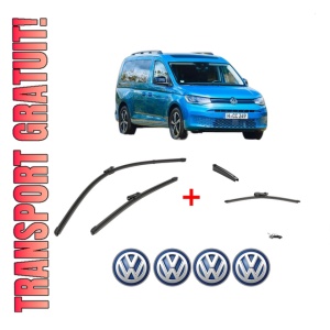 Set 3 stergatoare Volkswagen CADDY CALIFORNIA V Camper (SBB, SBJ) din 2020 - 2024, pentru parbriz si luneta fata si spate auto, Valeo Silencio, din cauciuc siliconat rezistent, 4 Stickere Auto VW