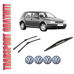 Set 3 stergatoare Volkswagen GOLF IV (1J1) din 1997-2005, pentru parbriz si luneta fata si spate auto, Bosch Twin-Aerotwin, din cauciuc siliconat rezistent, 4 Stickere Auto Volkswagen