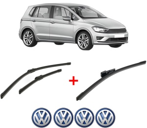 Set 3 stergatoare Volkswagen GOLF SPORTSVAN VII (AM1, AN1) din 2014 - 2020, pentru parbriz si luneta fata si spate auto, Bosch Aerotwin, din cauciuc siliconat rezistent, 4 Stickere Auto VW v6113