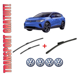 Set 3 stergatoare Volkswagen ID.4 (E21) din 2020, pentru parbriz si luneta fata si spate auto, Bosch Aerotwin, din cauciuc siliconat rezistent, 4 Stickere Auto VW