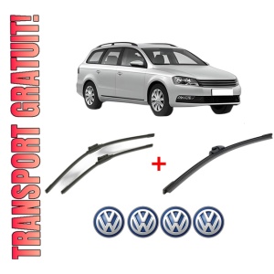 Set 3 stergatoare Volkswagen PASSAT B7 Variant (365) din 2010 - 2015, pentru parbriz si luneta fata si spate auto, Bosch Aerotwin, din cauciuc siliconat rezistent, 4 Stickere Auto VW