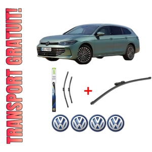 Set 3 stergatoare Volkswagen PASSAT B9 Variant (CJ5) din 2023, pentru parbriz si luneta fata si spate auto, Valeo Silencio Xtrm, din cauciuc siliconat rezistent, 4 Stickere Auto VW