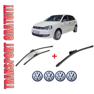 Set 3 stergatoare Volkswagen POLO VIVO Hatchback (6S1, 6S3) din 2010 - 2019, pentru parbriz si luneta fata si spate auto, Bosch Aerotwin, din cauciuc siliconat rezistent, 4 Stickere Auto VW