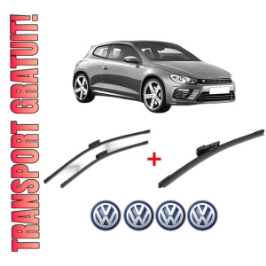 Set 3 stergatoare Volkswagen SCIROCCO III (137, 138) din 2008 - 2017, pentru parbriz si luneta fata si spate auto, Bosch Aerotwin, din cauciuc siliconat rezistent, 4 Stickere Auto VW