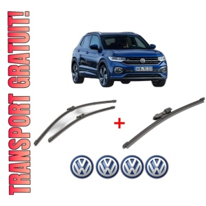 Set 3 stergatoare Volkswagen T-CROSS (C11, D31) din 2018, pentru parbriz si luneta fata si spate auto, Valeo Silencio Xtrm, din cauciuc siliconat rezistent, 4 Stickere Auto VW