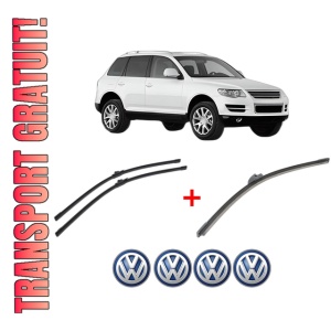 Set 3 stergatoare Volkswagen TOUAREG (7LA, 7L6, 7L7) din 2002 - 2010, pentru parbriz si luneta fata si spate auto, Bosch Aerotwin, din cauciuc siliconat rezistent, 4 Stickere Auto VW