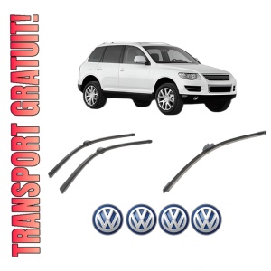 Set 3 stergatoare Volkswagen TOUAREG (7LA, 7L6, 7L7) din 2002-2010, pentru parbriz si luneta fata si spate auto, Bosch Aerotwin-Aerotwin, din cauciuc siliconat rezistent, 4 Stickere Auto Volkswagen