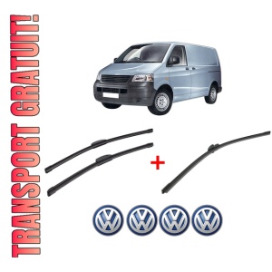Set 3 stergatoare Volkswagen TRANSPORTER T5 Van (7HA, 7HH, 7EA, 7EH) din 2003 - 2015, pentru parbriz si luneta fata si spate auto, Bosch Aerotwin, din cauciuc siliconat rezistent, 4 Stickere Auto VW
