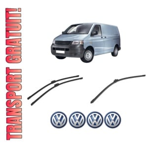 Set 3 stergatoare Volkswagen TRANSPORTER T5 Van (7HA, 7HH, 7EA, 7EH) din 2003-2015, pentru parbriz si luneta fata si spate auto, Bosch Aerotwin-Aerotwin, din cauciuc siliconat rezistent, 4 Stickere Auto Volkswagen